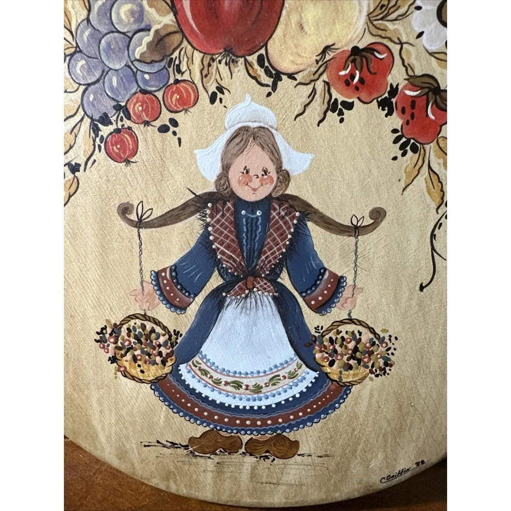 VTG Hand Painted Wood Cutting Board Wall Hanging Dutch Style18X12 Signed 1988